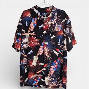 George Mens L Cat Fireworks American Flag Rayon Button Down Shirt Black NWT